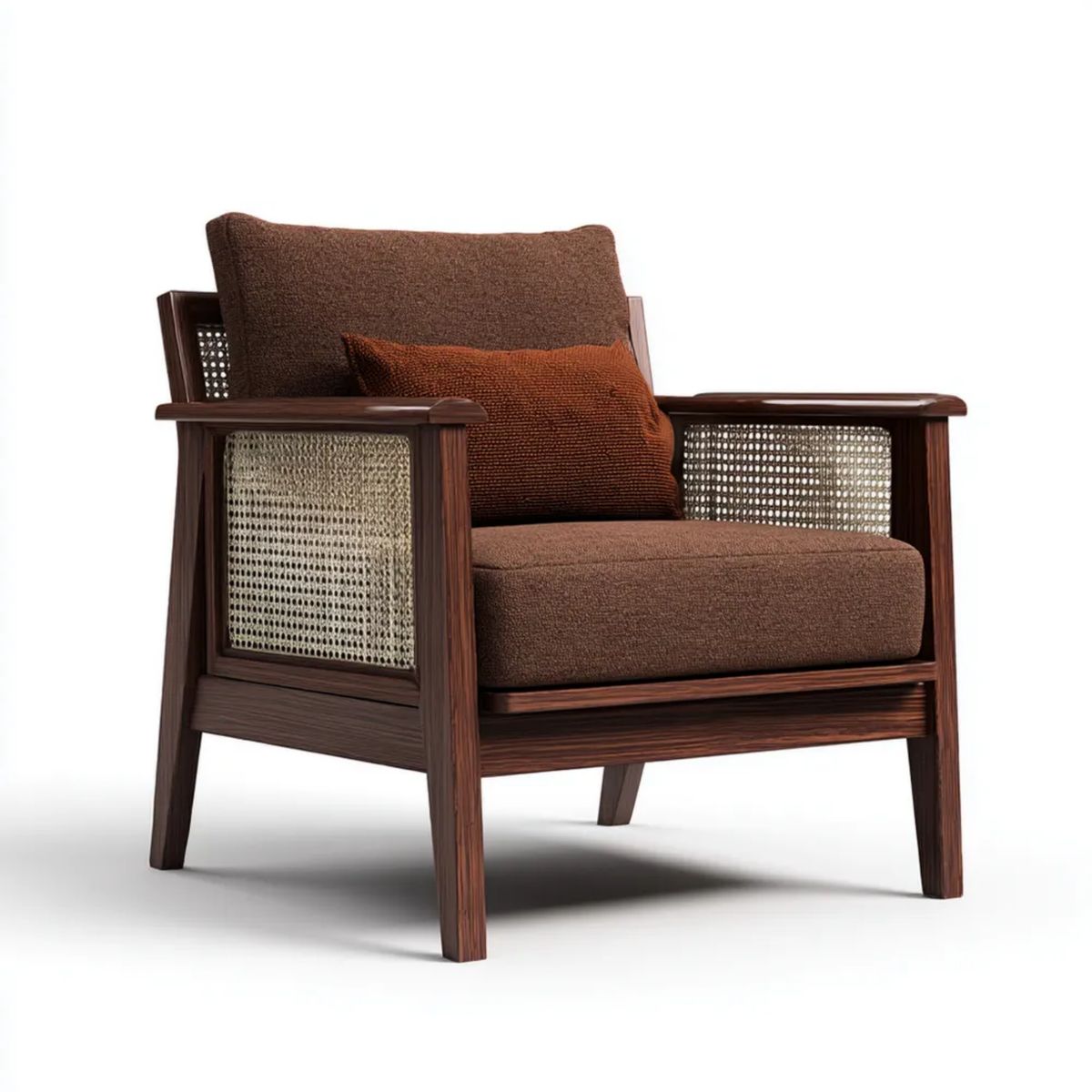 Brązowy fotel wypoczynkowy z drewna, rattanu i tkaniny, 80 x 78 x 82 cm