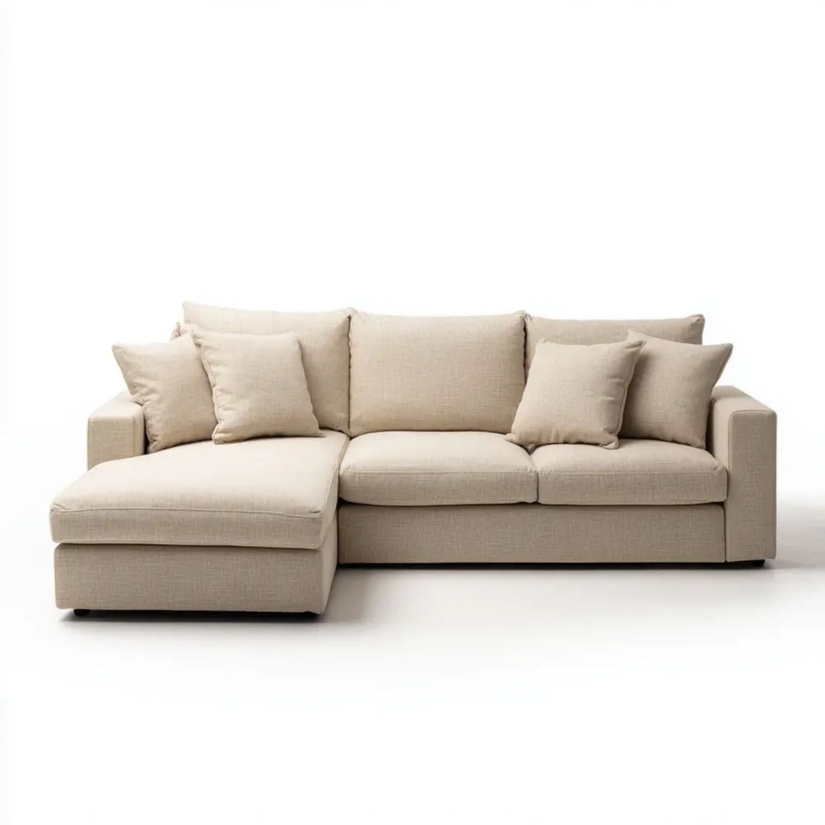 Beżowa sofa narożna z lewostronną leżanką, tkaninowa, 260 × 160 × 85 cm