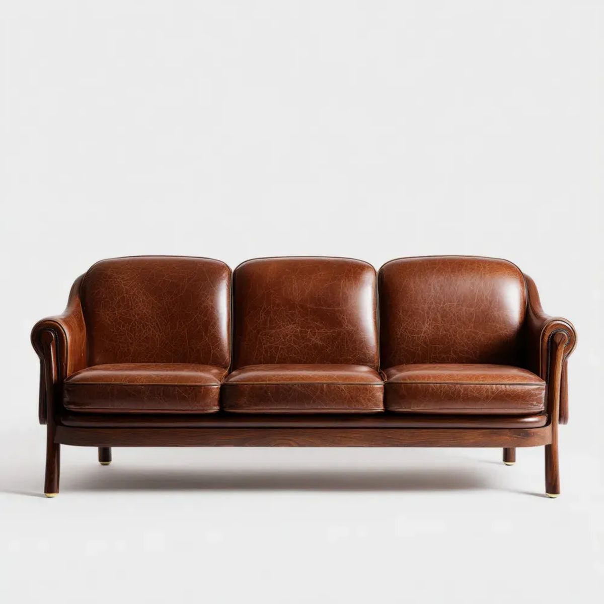 Trzyosobowa sofa brązowa ze skóry syntetycznej PU, drewniana, 210 × 85 × 88 cm