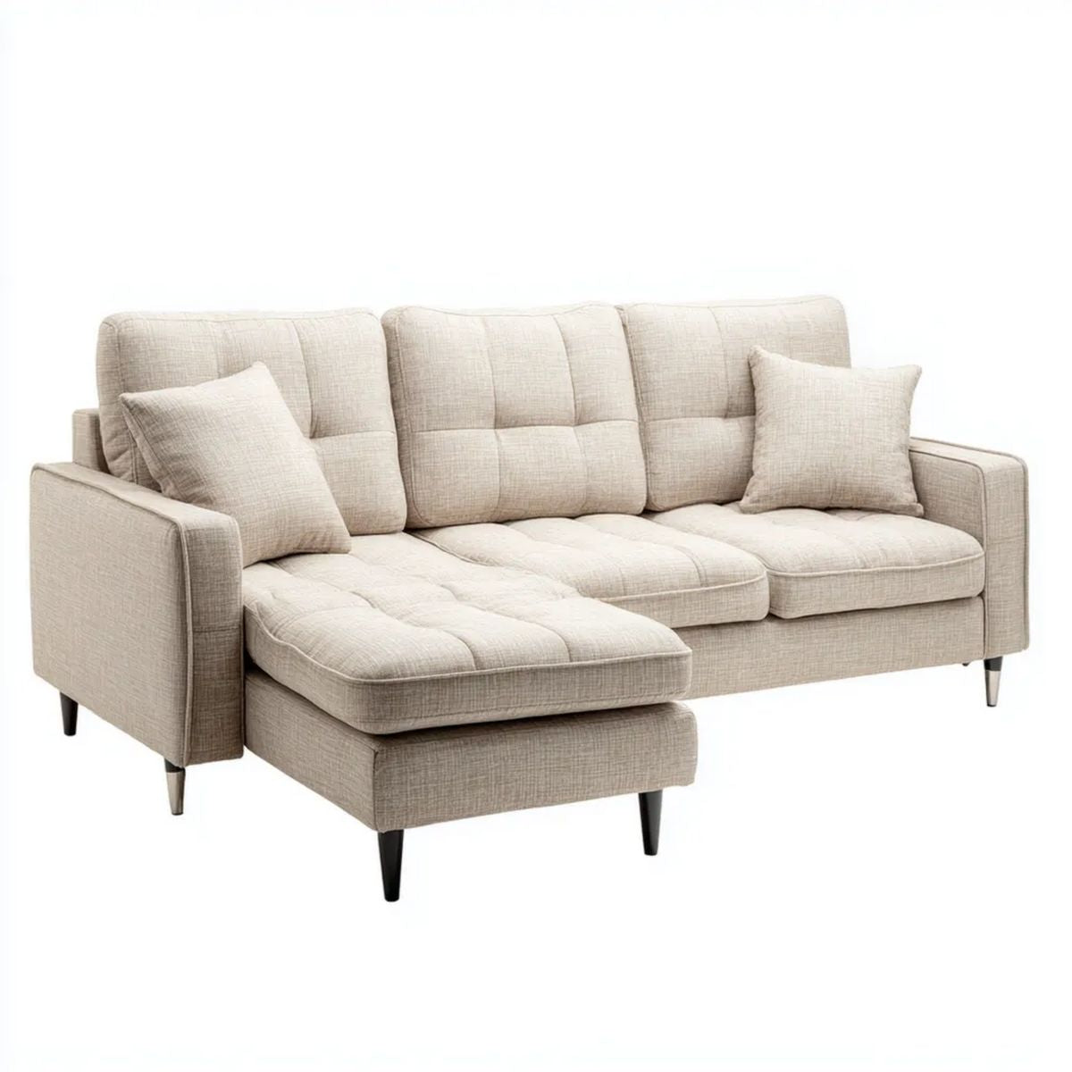 Beżowa sofa narożna z lewym szezlongiem, tapicerka poliestrowa, 230 × 150 × 85 cm