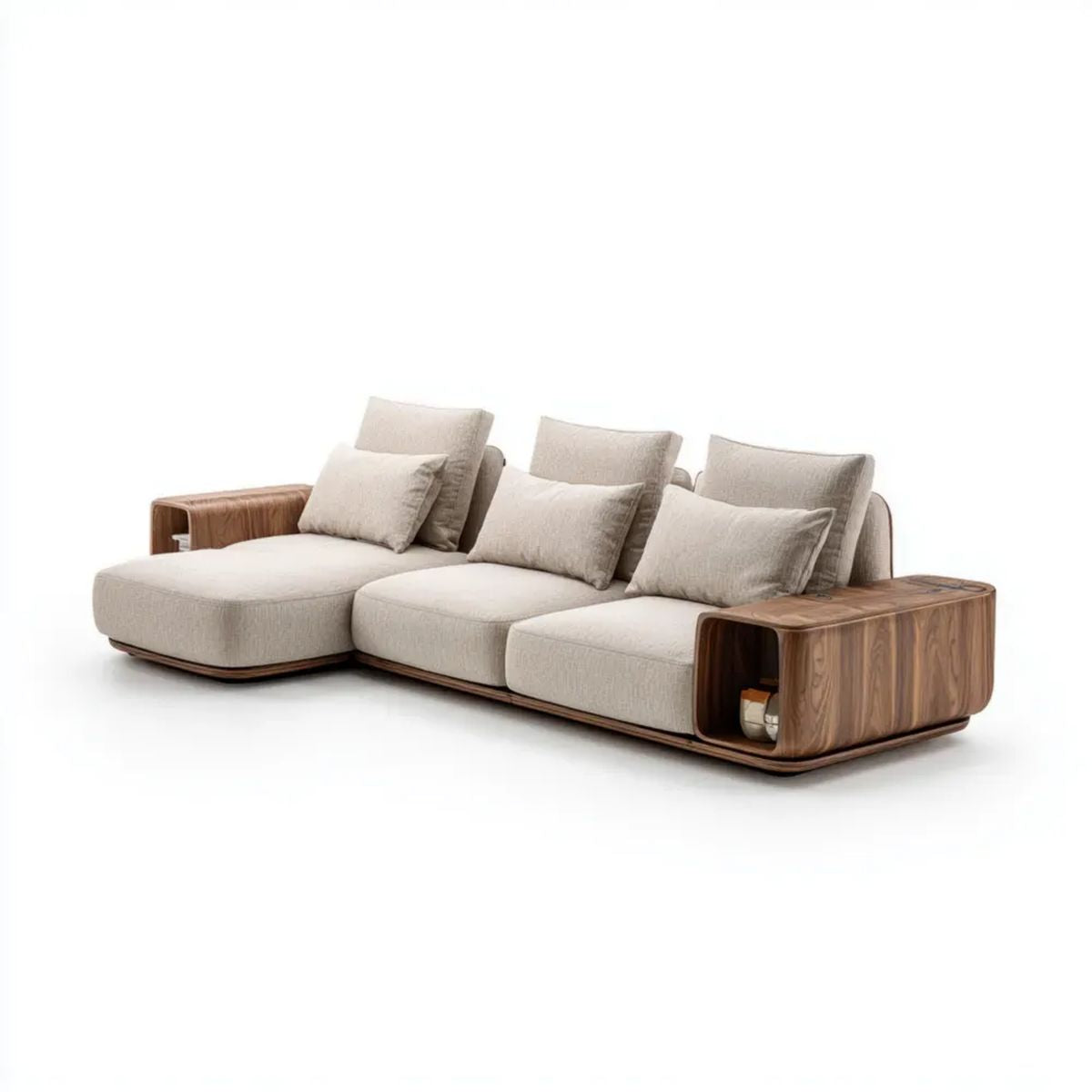 Trzyosobowa sofa modułowa beżowa z tapicerką poliestrową i orzechowymi bokami, 300 × 105 × 82 cm