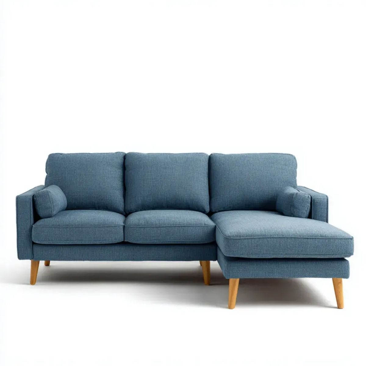 Niebieska sofa narożna w kształcie L z prawostronnym szezlongiem, tapicerowana, 220 × 145 × 85 cm