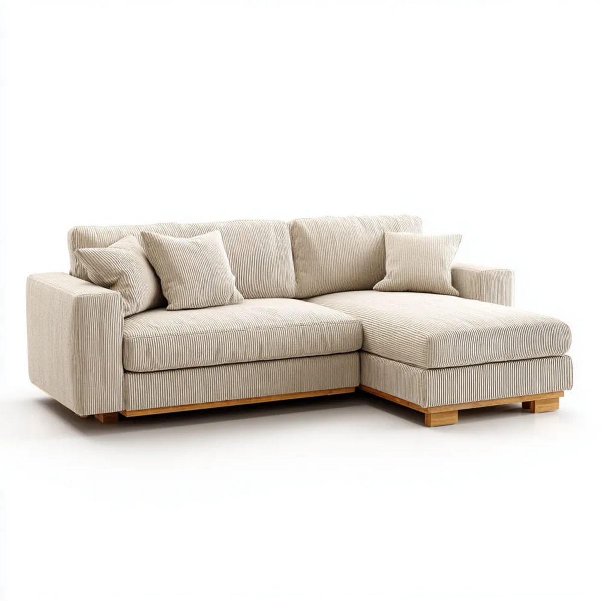 Beżowa sztruksowa sofa narożna w kształcie L z prawostronnym szezlongiem, 240 × 160 × 85 cm