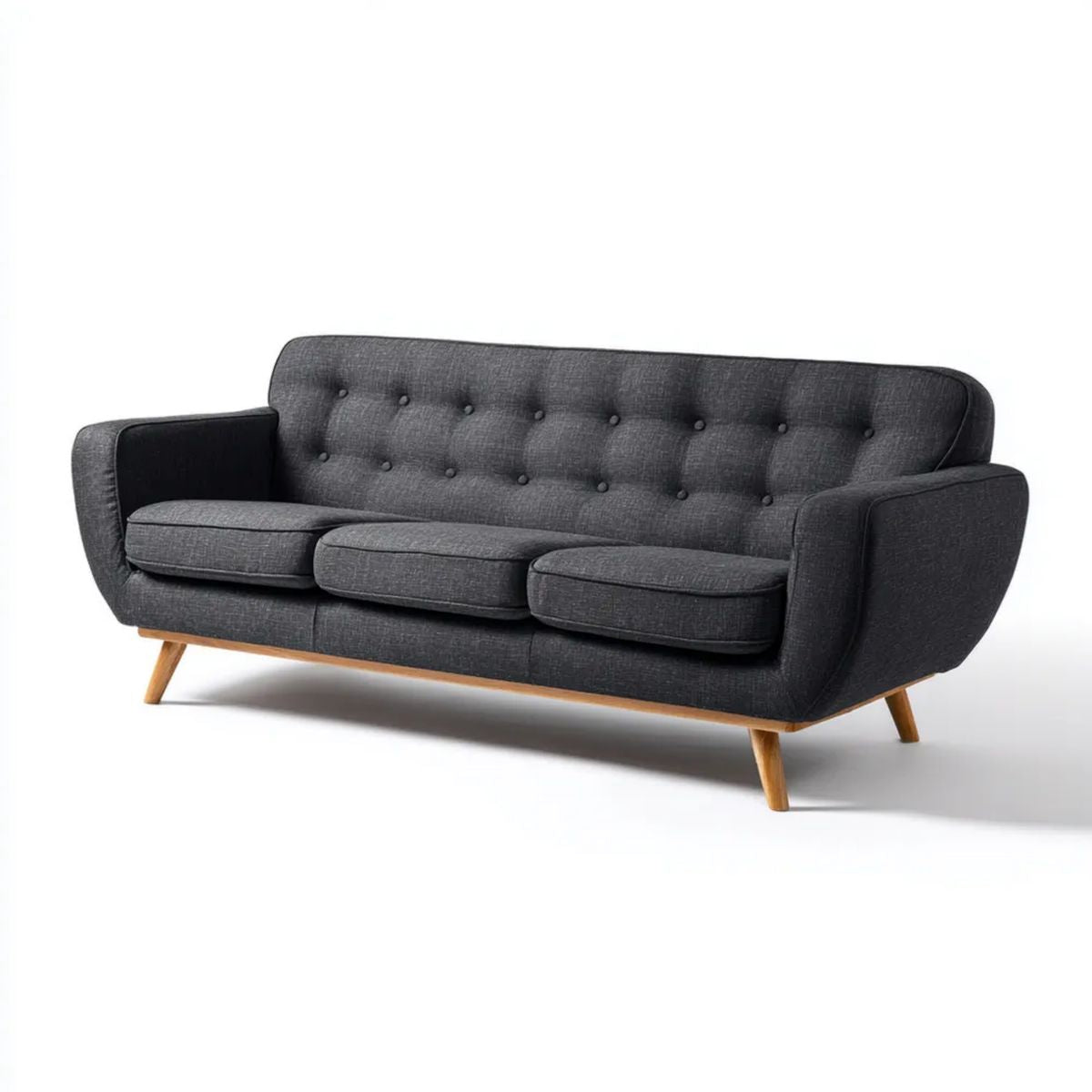Trzyosobowa sofa tapicerowana ciemnoszara z drewnianymi nogami, 220 × 88 × 88 cm