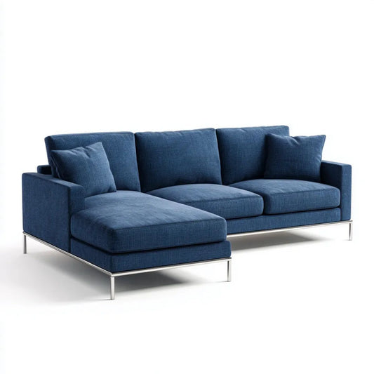 Sofa narożna lewostronna z tkaniny granatowa ze srebrnymi nogami, 280 x 165 x 85 cm