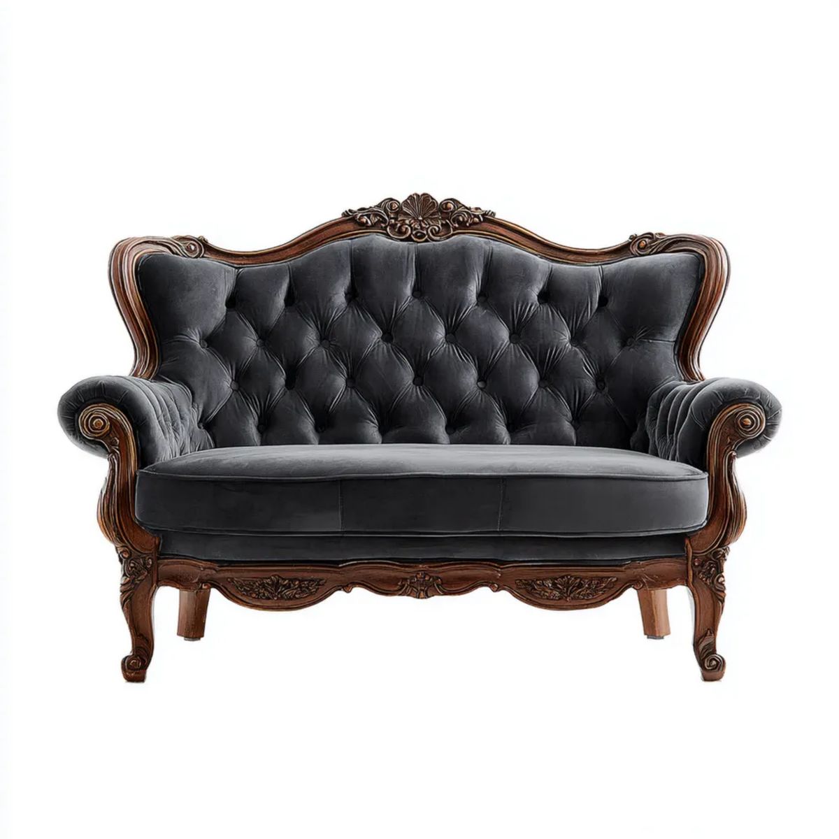 Dwuosobowa sofa Chesterfield z czarnego aksamitu z drewnianą ramą, 160 × 75 × 110 cm