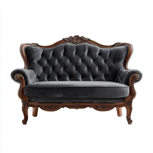 Dwuosobowa sofa Chesterfield z czarnego aksamitu z drewnianą ramą, 160 × 75 × 110 cm
