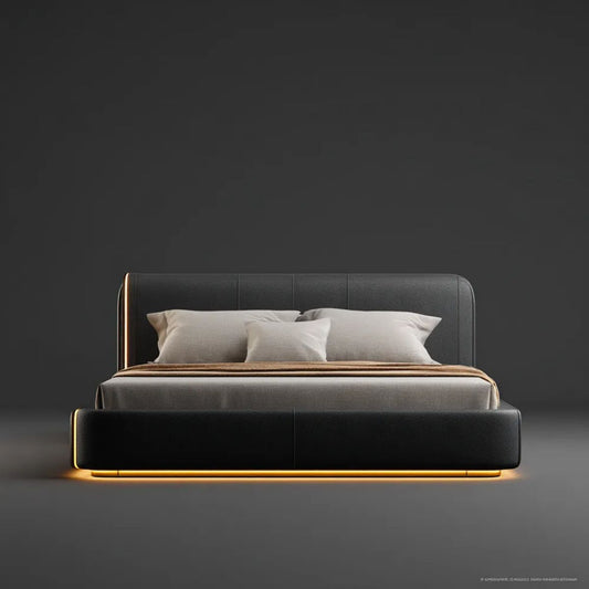 Podwójne łóżko tapicerowane ze skóry PU 180 x 200 cm z oświetleniem LED, czarne/złote