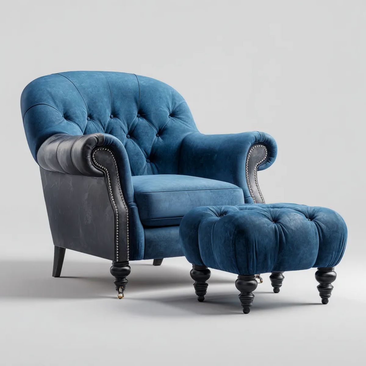 Zestaw fotel Chesterfield z podnóżkiem, granatowy aksamit i czarne PU, 92 × 85 × 105 cm