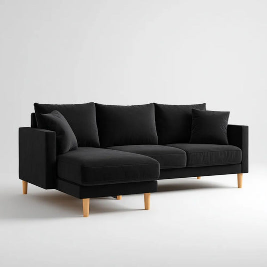 Czarna sofa narożna w kształcie L z lewym szezlongiem, tapicerka poliestrowa, 250 × 160 × 85 cm