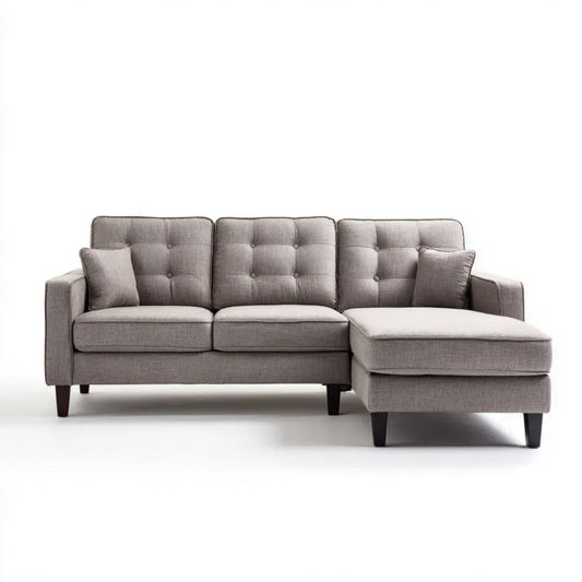 Szara sofa narożna z prawostronnym szezlongiem, tapicerowana poliestrem, 220 x 150 x 85 cm