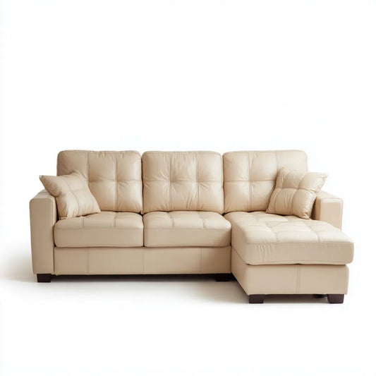 Prawostronna sofa narożna beżowa ze skóry syntetycznej PU, 250 × 160 × 88 cm