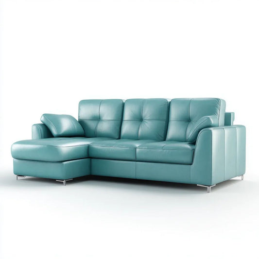 Turkusowa sofa narożna z lewostronną leżanką, tapicerka PU, 265 x 165 x 88 cm