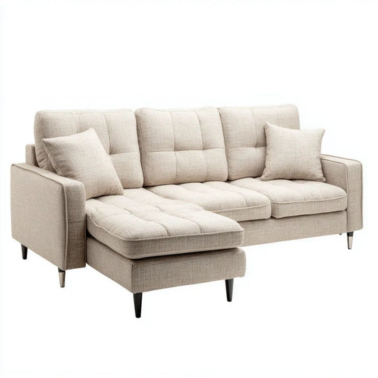 Beżowa sofa narożna z lewym szezlongiem, tapicerka poliestrowa, 230 × 150 × 85 cm