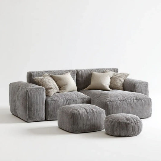 Modułowa sofa 2-osobowa z 2 pufami, szara, z poliestru sztruksowego, 220 x 105 x 75 cm