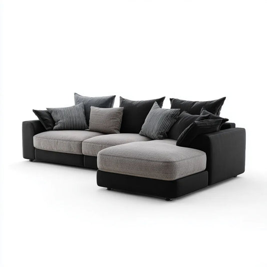 Prawostronna sofa narożna z szezlongiem z tapicerką poliestrową, grafitowa i jasnoszara, 300 x 200 x 85 cm