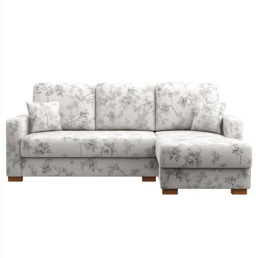 Biała sofa narożna z prawostronnym szezlongiem w szary wzór kwiatowy, tapicerka poliestrowa, drewniane nogi, 250 x 160 x 85 cm