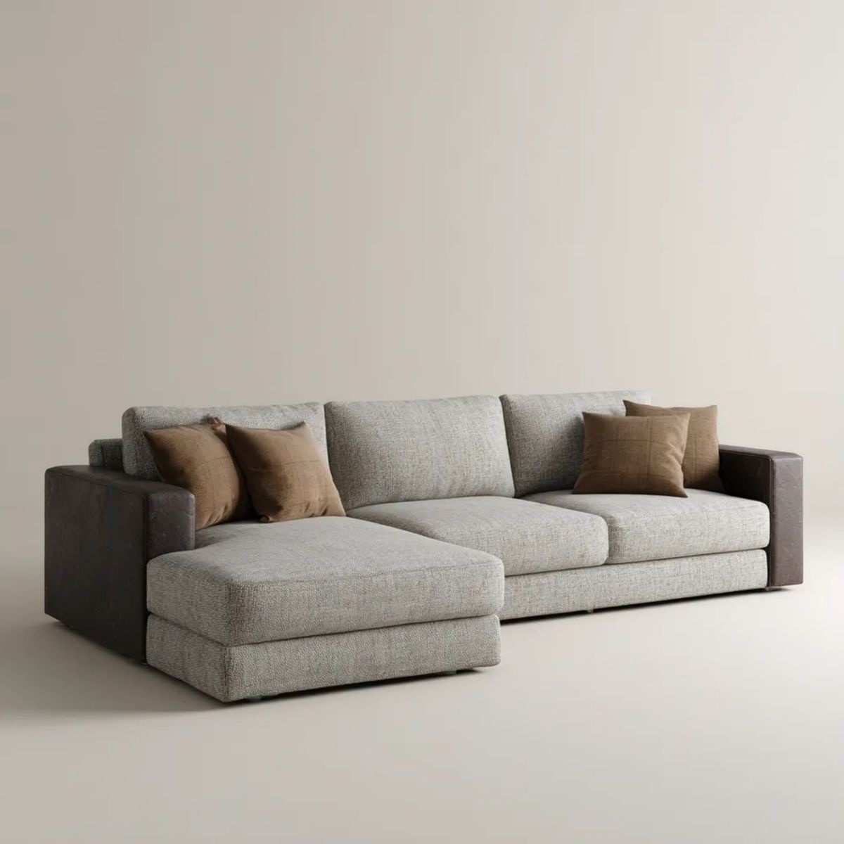 Sofa narożna z lewostronnym szezlongiem, szara i ciemnobrązowa, z tapicerką poliestrową, 290 × 170 × 85 cm
