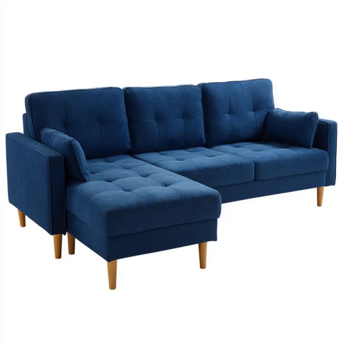 Granatowa sofa narożna z lewostronnym szezlongiem, aksamitowa, 230 x 150 x 88 cm