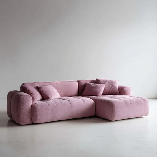 Prawostronna sofa narożna w kształcie L, różowa, ze sztruksową tapicerką poliestrową, 260 × 165 × 78 cm